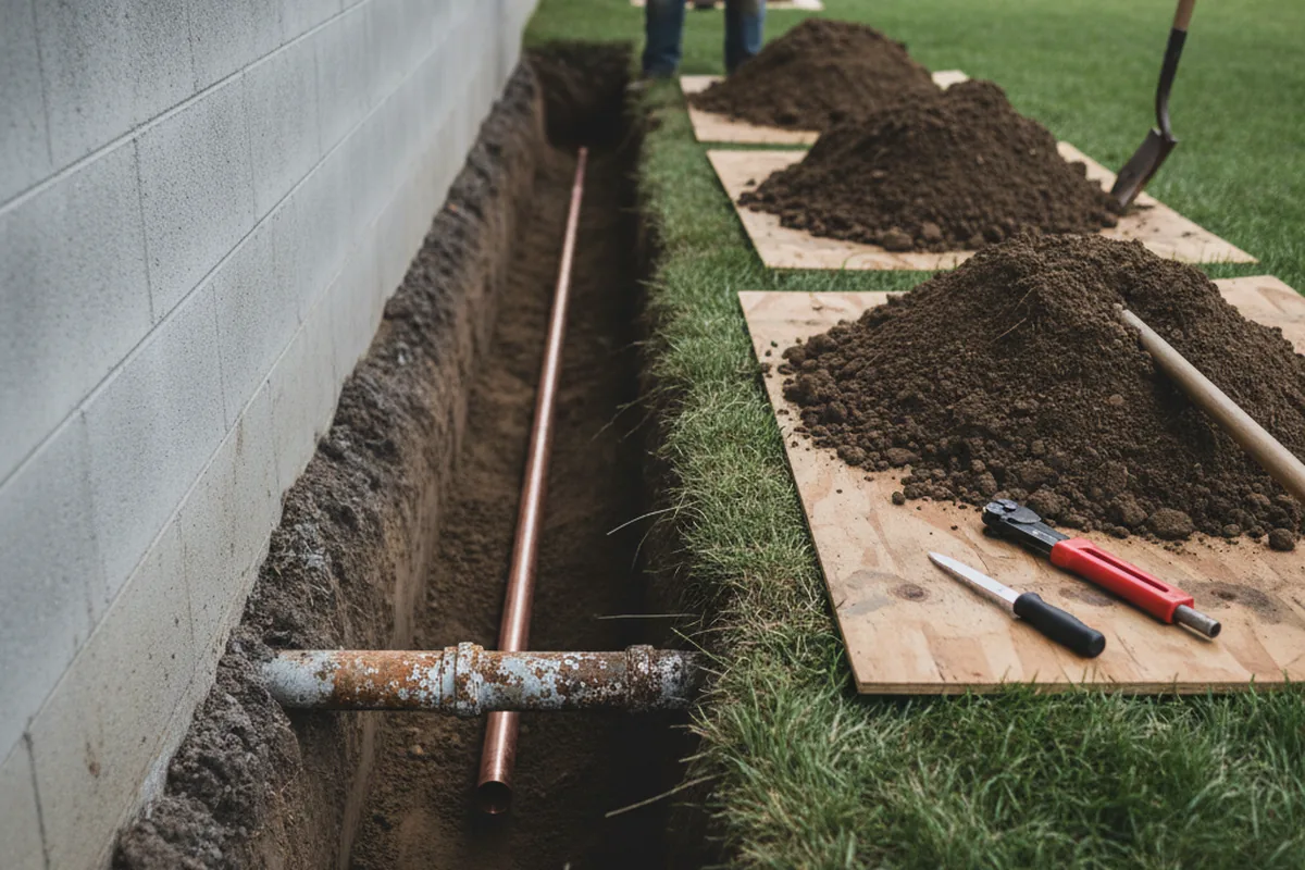 Excavated water line trench during Water Softener Installation in Robinson